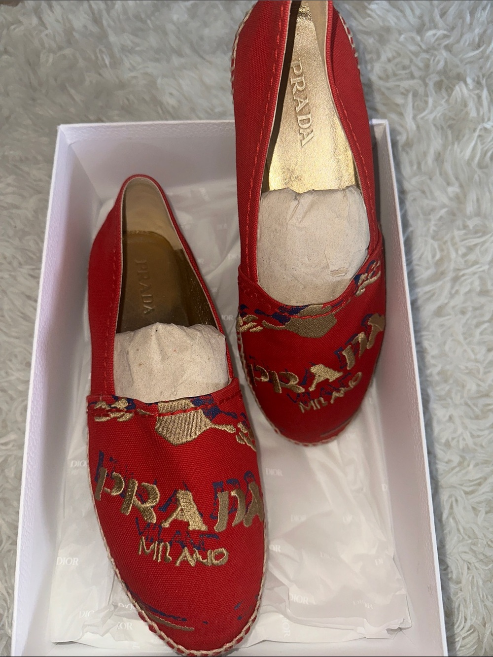 Prada Red Canvas Espadrilles with Gold Embroidered Logo - Picture 2 of 7